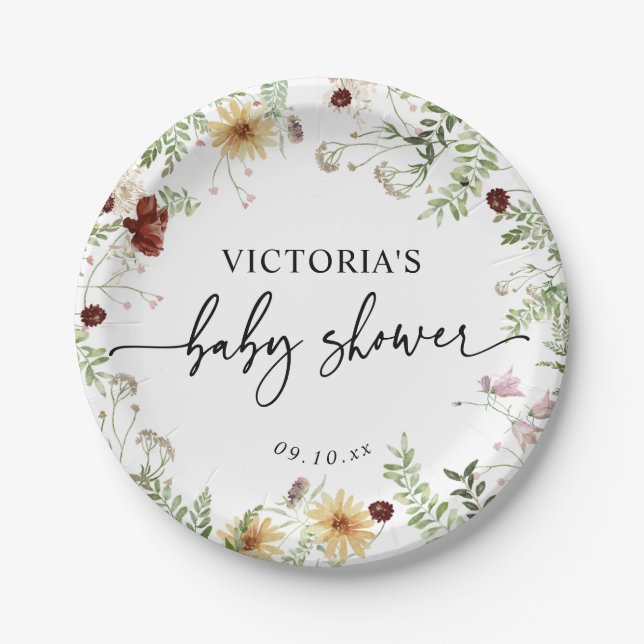 Minimal Cute Boho Wildflower Greenery Baby Shower Paper Plates (Front)
