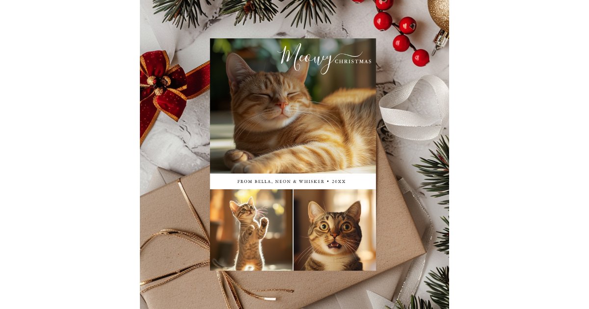 Minimal Cute Cat Meowy Christmas 3 Photo Collage Holiday Card | Zazzle
