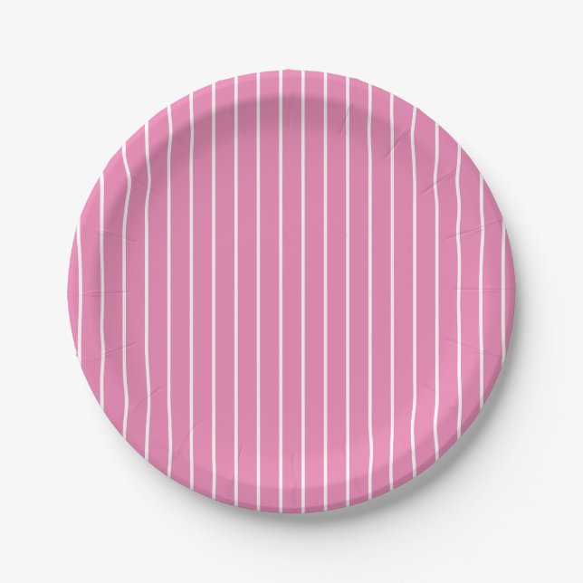 Minimal Cute Chic Pink and White Stripes Paper Plates (Front)