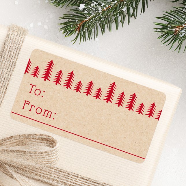 Minimal cute Christmas trees red Kraft print Label (Minimal cute Christmas trees red Kraft print Label)