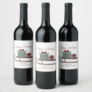 Minimal Cute Happy Holidays Sleigh Wine Label