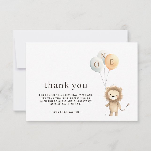 Minimal Cute Little Lion 3 Balloons Birthday Party Thank You Card (Front)