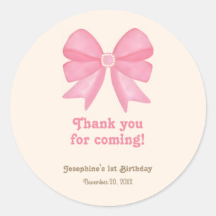 Minimal Cute Pink Bow Birthday Thank You Classic Round Sticker
