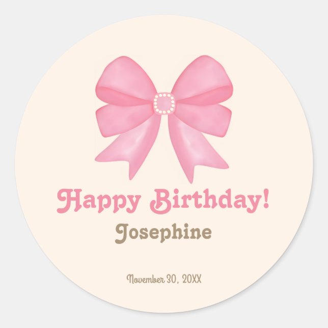 Minimal Cute Pink Bow Happy Birthday  Classic Round Sticker (Front)