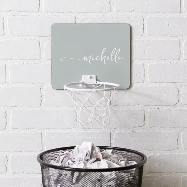Minimal Cute Sage Green Monogram Name Script Pale Mini Basketball Hoop (In Situ)