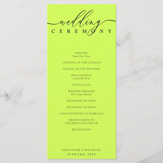 Minimal Cyber Lime Jet Black Wedding Ceremony Program