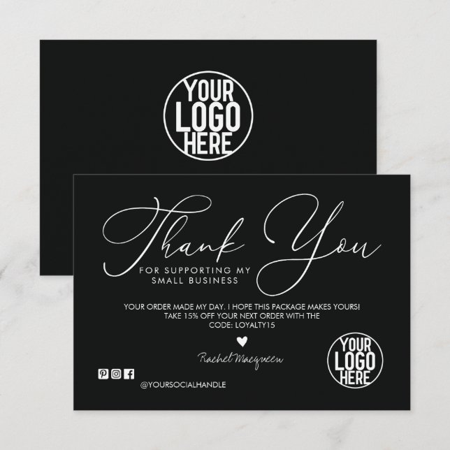 Minimal Dark Black White Script Customer Thank You Card (Front/Back)