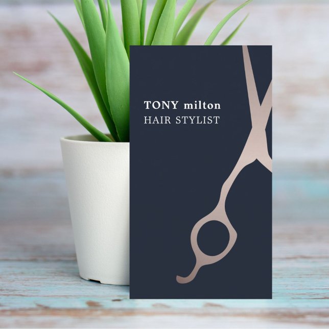 Minimal Dark Blue Faux Metal Scissors hair Busines Business Card (Creator Uploaded)