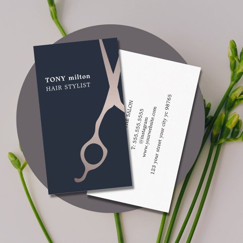 Minimal Dark Blue Faux Metal Scissors hair Busines Business Card