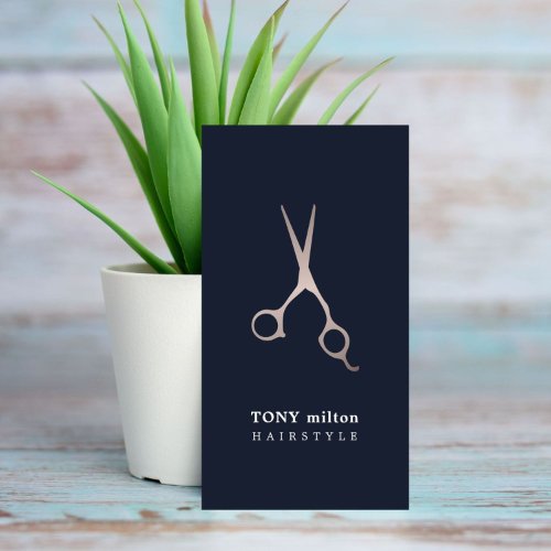 Minimal Dark Blue Faux Metal Scissors Hair Business Card