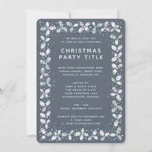 Minimal Dark Blue Gray Holly Christmas Party Invitation