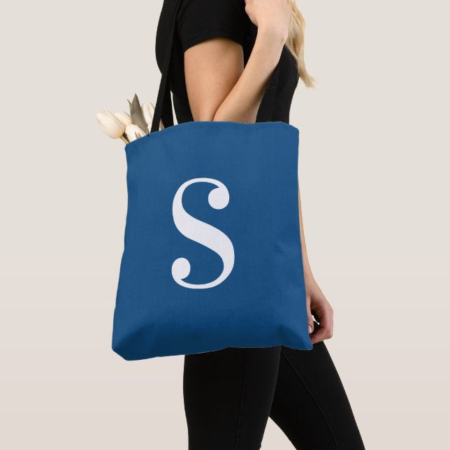 Minimal Dark Blue with Large White Monogram Tote Bag (Close Up)