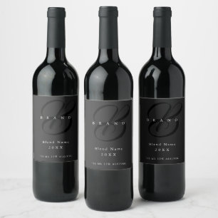 Minimal Dark Gray Black Elegant Monogram Company Wine Label