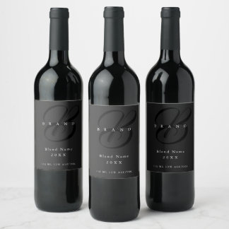 Minimal Dark Gray Black Elegant Monogram Company Wine Label