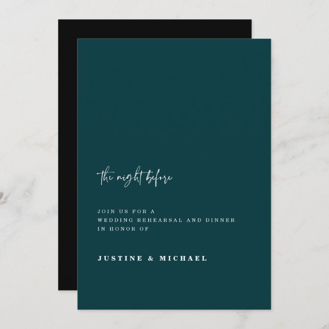 Minimal Dark Green Night Before Wedding Rehearsal Invitation (Front/Back)