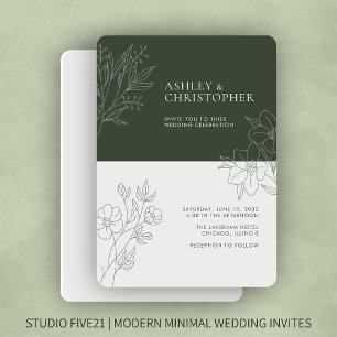 Minimal Dark Moss Green Foliage Outline Wedding Invitation