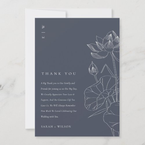 Minimal Dark Navy Waterlily Floral Sketch Wedding Thank You Card
