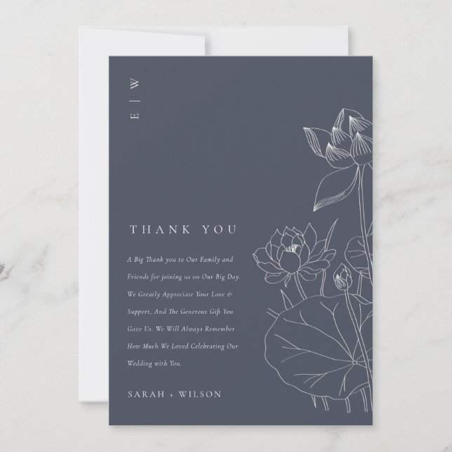 Minimal Dark Navy Waterlily Floral Sketch Wedding Thank You Card (Front)
