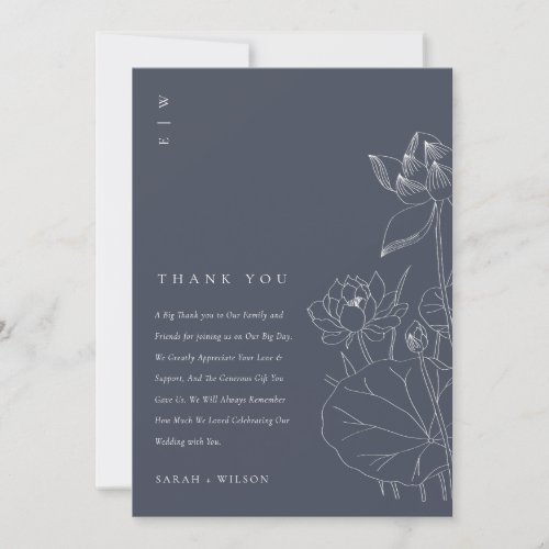 Minimal Dark Navy Waterlily Floral Sketch Wedding Thank You Card