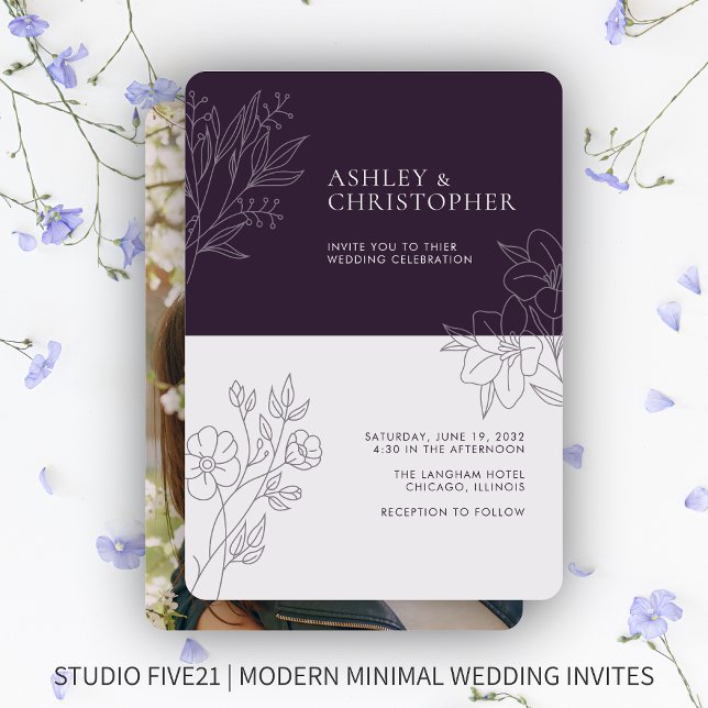 Minimal Dark Purple Foliage Outline Photo Wedding Invitation (Creator Uploaded)