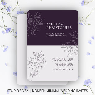 Minimal Dark Purple Foliage Outline Wedding Invitation