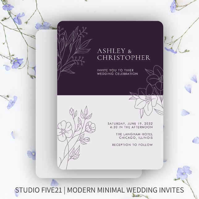 Minimal Dark Purple Foliage Outline Wedding Invitation (Creator Uploaded)