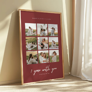 Minimal Dark Red 1st Anniversary Wedding 9-Photo Poster
