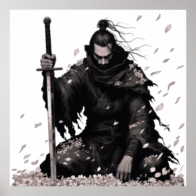 Minimal Dark Samurai Warrior with Sakura Petals Ja Poster (Front)