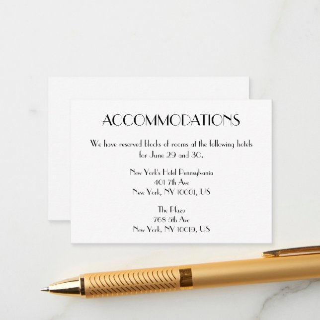 Minimal Deco Wedding Accommodation Cards (Front/Back In Situ)