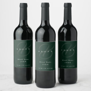 Minimal Deep Forest Green Elegant Monogram Company Wine Label