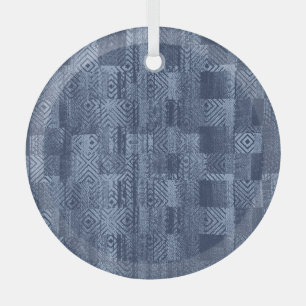 Minimal Denim Abstract Memphis Patchwork Glass Ornament