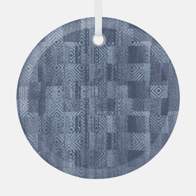 Minimal Denim Abstract Memphis Patchwork Glass Ornament (Front)