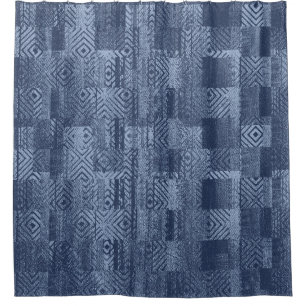Minimal Denim Abstract Memphis Patchwork Shower Curtain