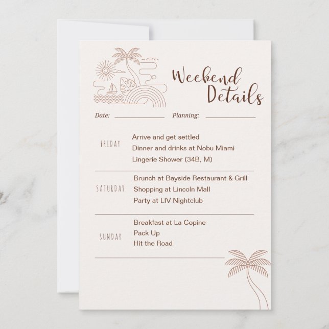 Minimal Desert Bachelorette Weekend Itinerary  Invitation (Back)