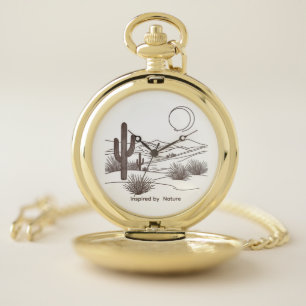 Minimal Desert Line Art – Modern Boho Cactus Lands Pocket Watch