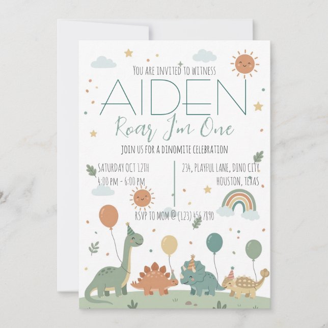 Minimal Dinosaur 3rd Birthday Party Neutral Boho Invitation (Front)