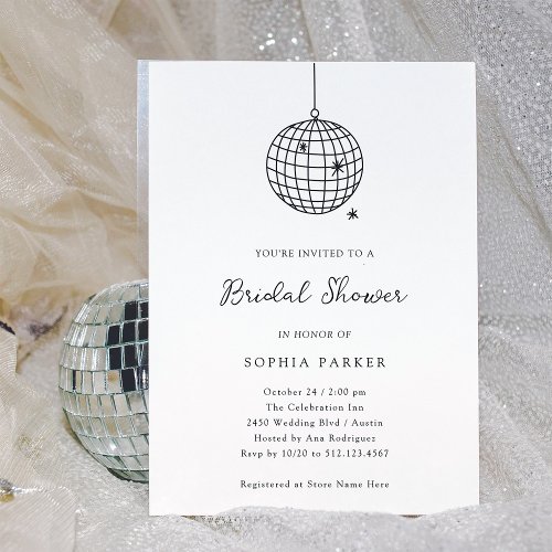 Minimal Disco Ball  Black and White Bridal Shower Invitation