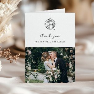 Minimal Disco Ball Photo Black and White Wedding Letterpress Thank You Card