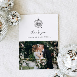 Minimal Disco Ball Photo Black and White Wedding Thank You Card