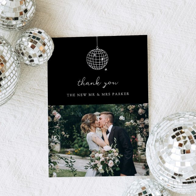 Minimal Disco Ball with Photo | Black Wedding Thank You Card (Creator Uploaded)