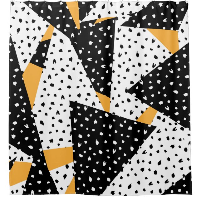 Minimal Dots Patchwork: Black White Yellow Shower Curtain (Front)