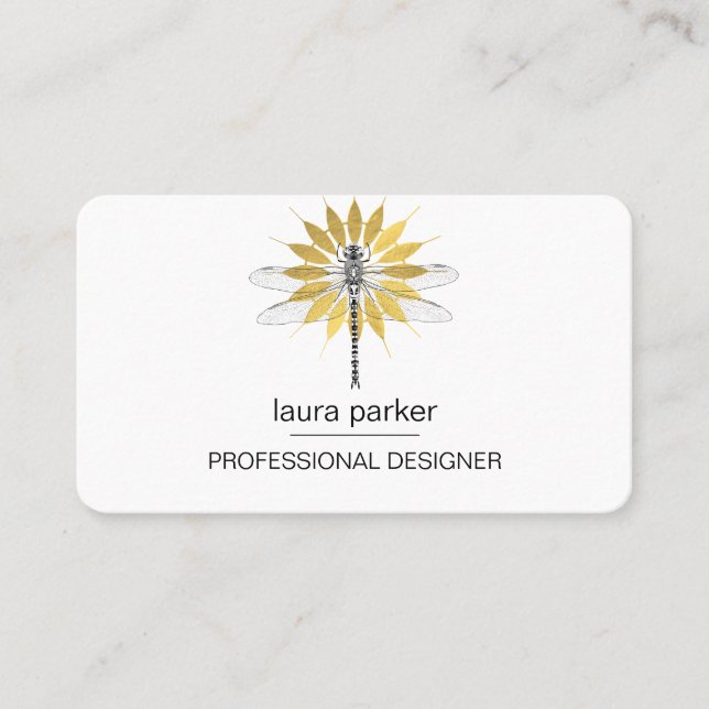 Minimal Dragonfly Professional  White Gold Business Card (Front)