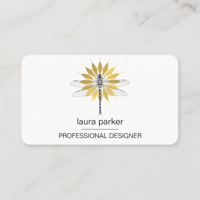 Minimal Dragonfly Professional  White Gold Floral Business Card (Front)