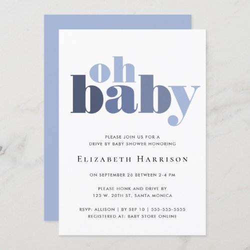 Minimal Drive By Baby Boy Shower Blue Typography Invitation