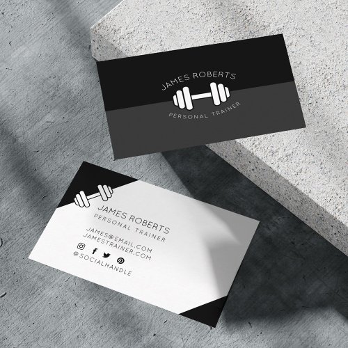 Minimal Dumbbell Personal Trainer Black  White Business Card
