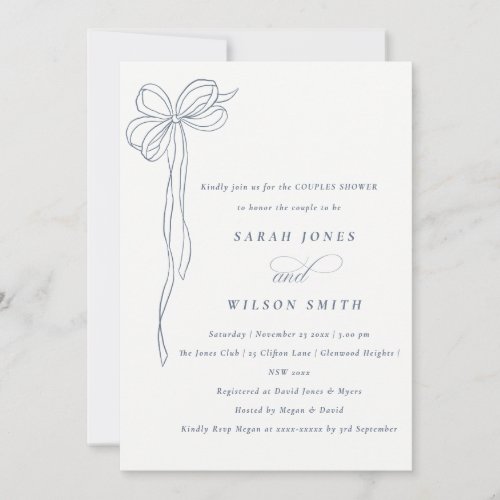Minimal Dusky Blue Coquette Bow Couples Shower Invitation