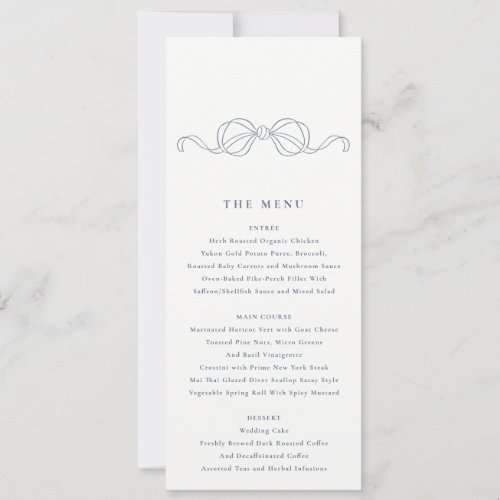 Minimal Dusky Blue Coquette Bow Wedding Menu Invitation