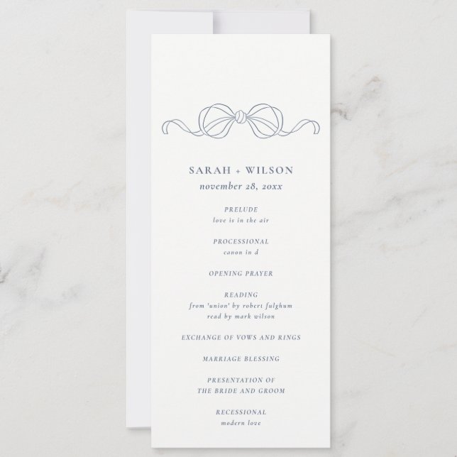 Minimal Dusky Blue Coquette Bow Wedding Program (Front)