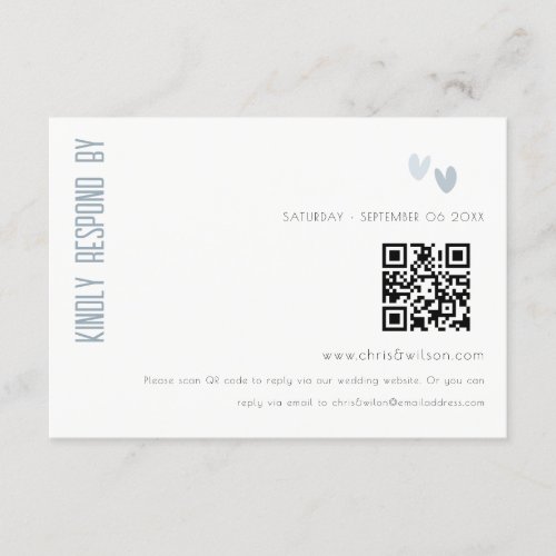 Minimal Dusky Blue Hearts Wedding RSVP QR Code Enclosure Card