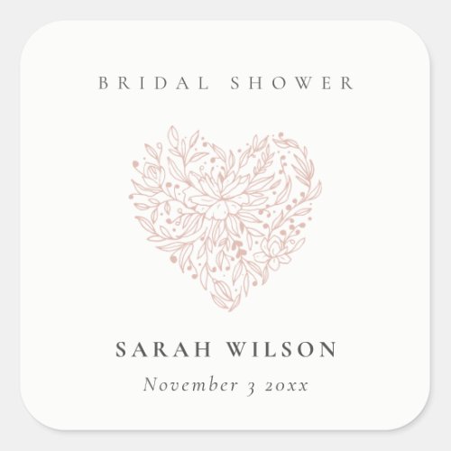 Minimal Dusky Blush Floral Heart Bridal Shower Square Sticker